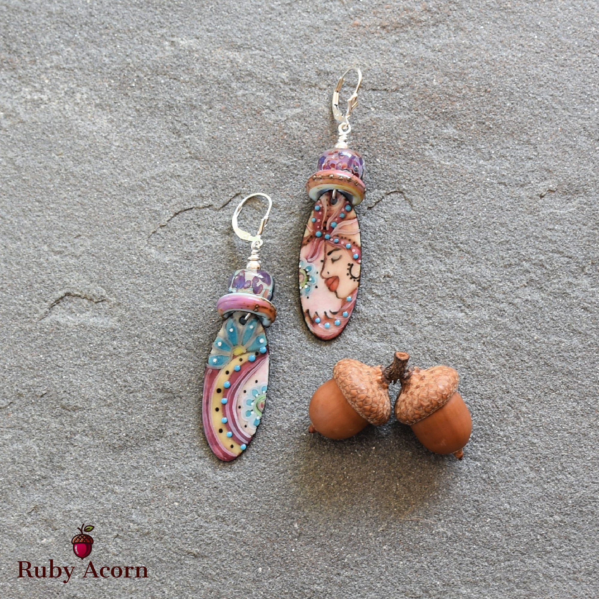 Flamenco Handmade Dangle Earrings, Artisan Lampwork Glass, Artisan Enameled Charms Sterling Silver Ear Wires, Asymmetrical