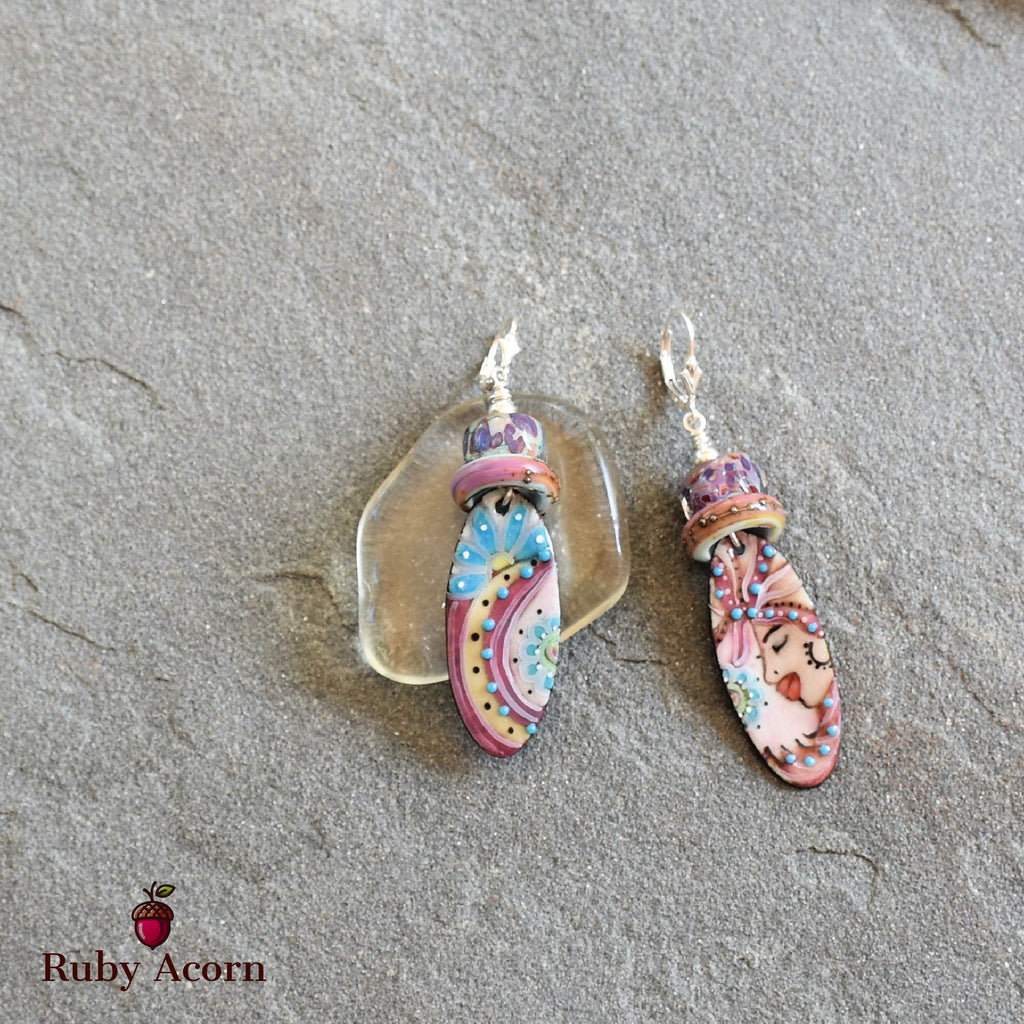 Flamenco Handmade Dangle Earrings, Artisan Lampwork Glass, Artisan Enameled Charms Sterling Silver Ear Wires, Asymmetrical