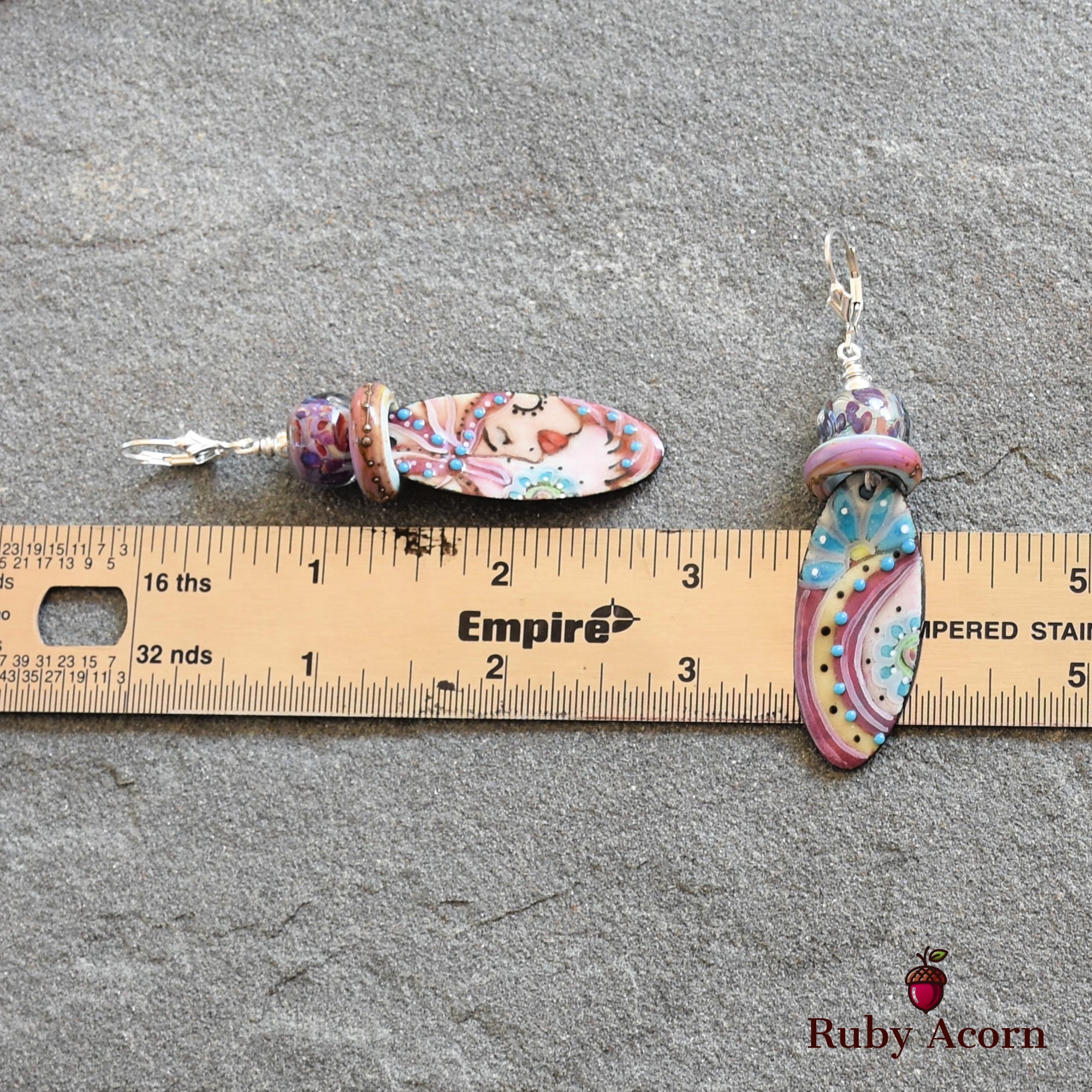 Flamenco Handmade Dangle Earrings, Artisan Lampwork Glass, Artisan Enameled Charms Sterling Silver Ear Wires, Asymmetrical