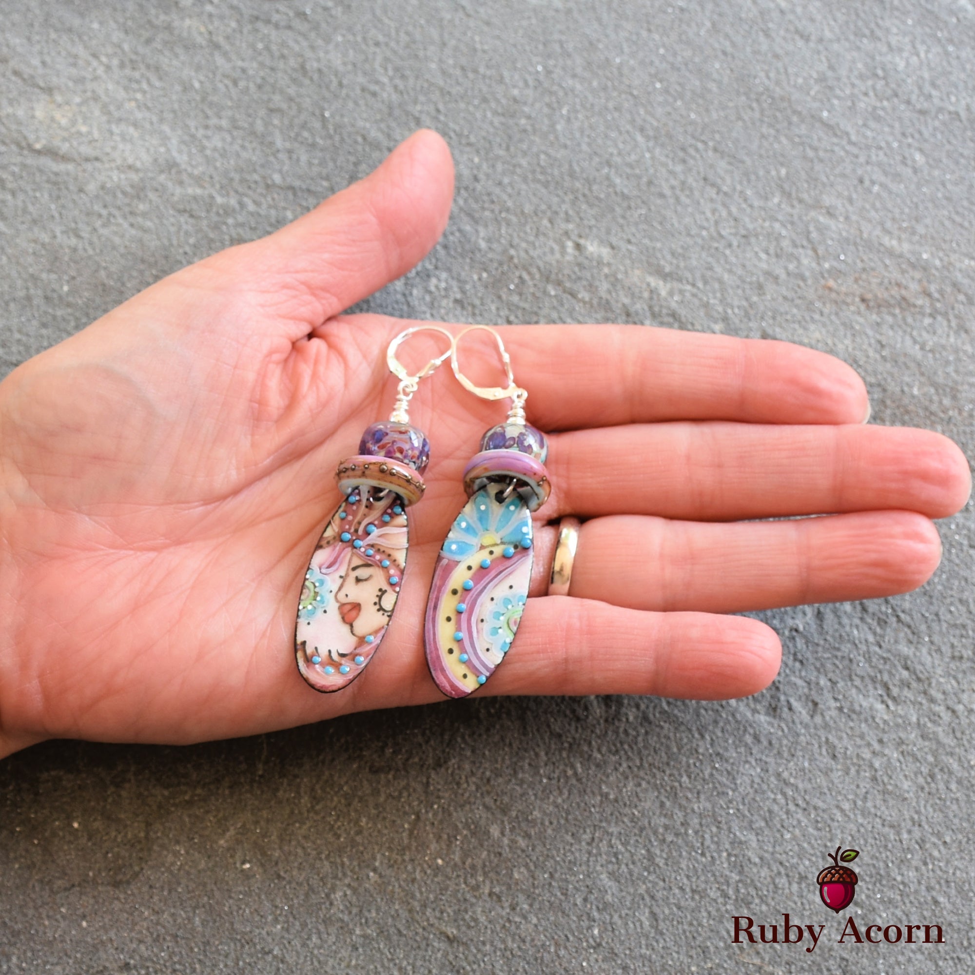 Flamenco Handmade Dangle Earrings, Artisan Lampwork Glass, Artisan Enameled Charms Sterling Silver Ear Wires, Asymmetrical