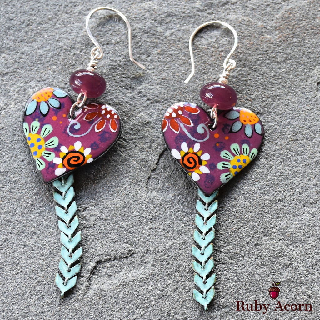 Flower Power Handmade Dangle Earrings, Artisan Lampwork Purple Glass, Artisan Enameled Charms, Sterling Silver Ear Wires