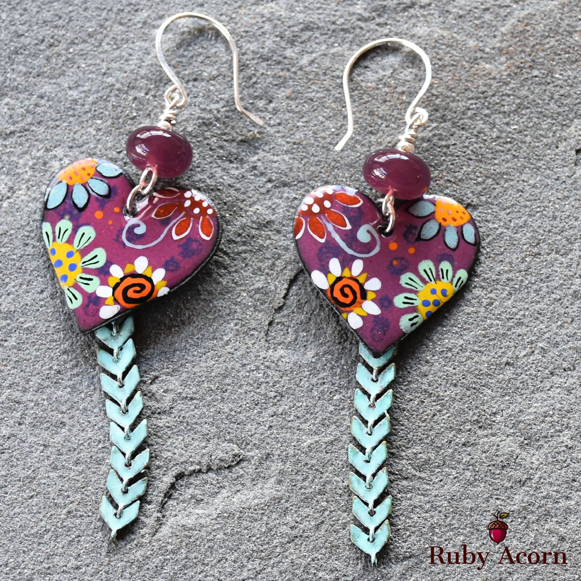 Flower Power Handmade Dangle Earrings, Artisan Lampwork Purple Glass, Artisan Enameled Charms, Sterling Silver Ear Wires