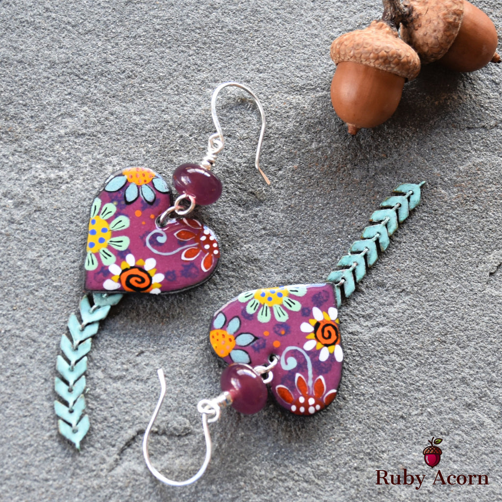 Flower Power Handmade Dangle Earrings, Artisan Lampwork Purple Glass, Artisan Enameled Charms, Sterling Silver Ear Wires