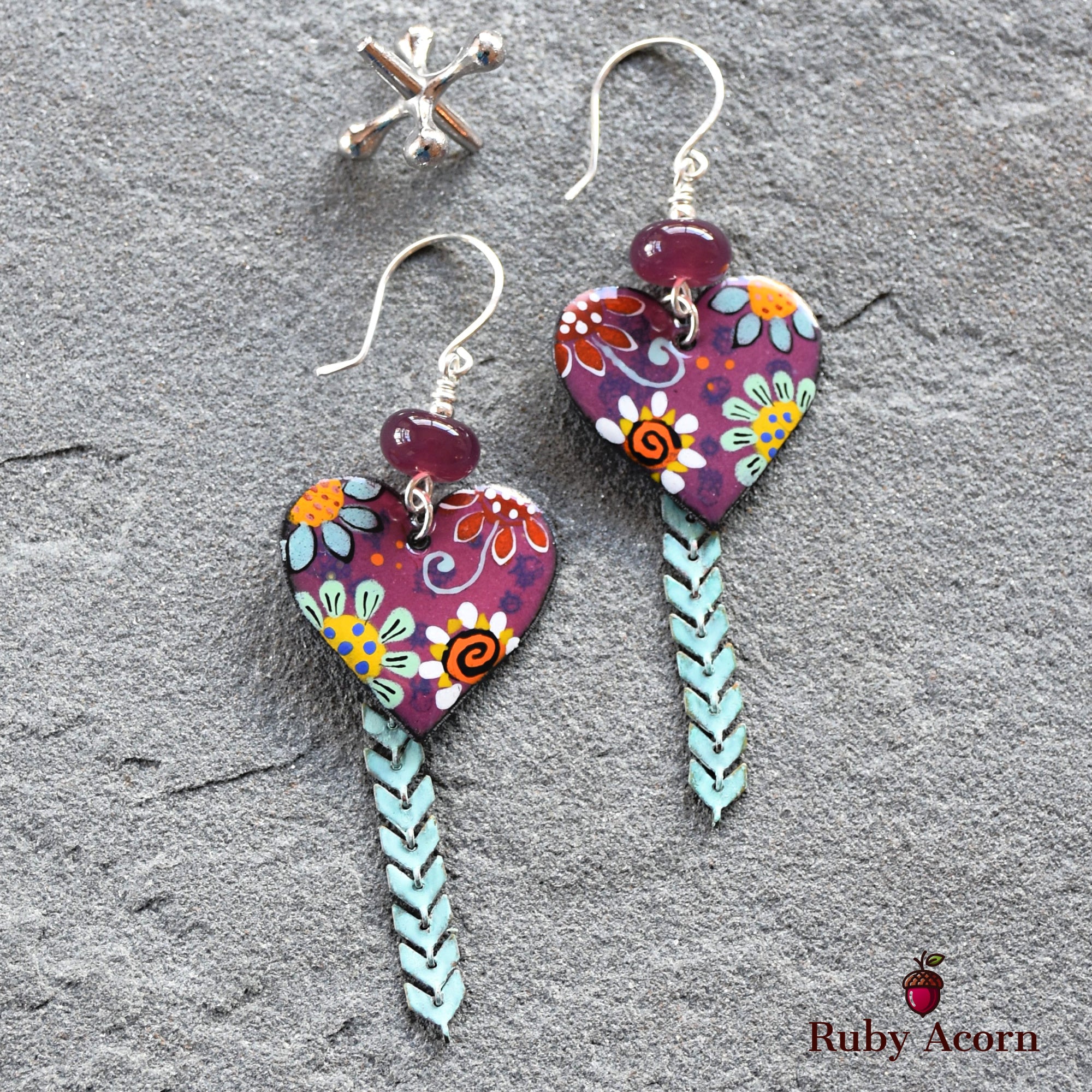 Flower Power Handmade Dangle Earrings, Artisan Lampwork Purple Glass, Artisan Enameled Charms, Sterling Silver Ear Wires