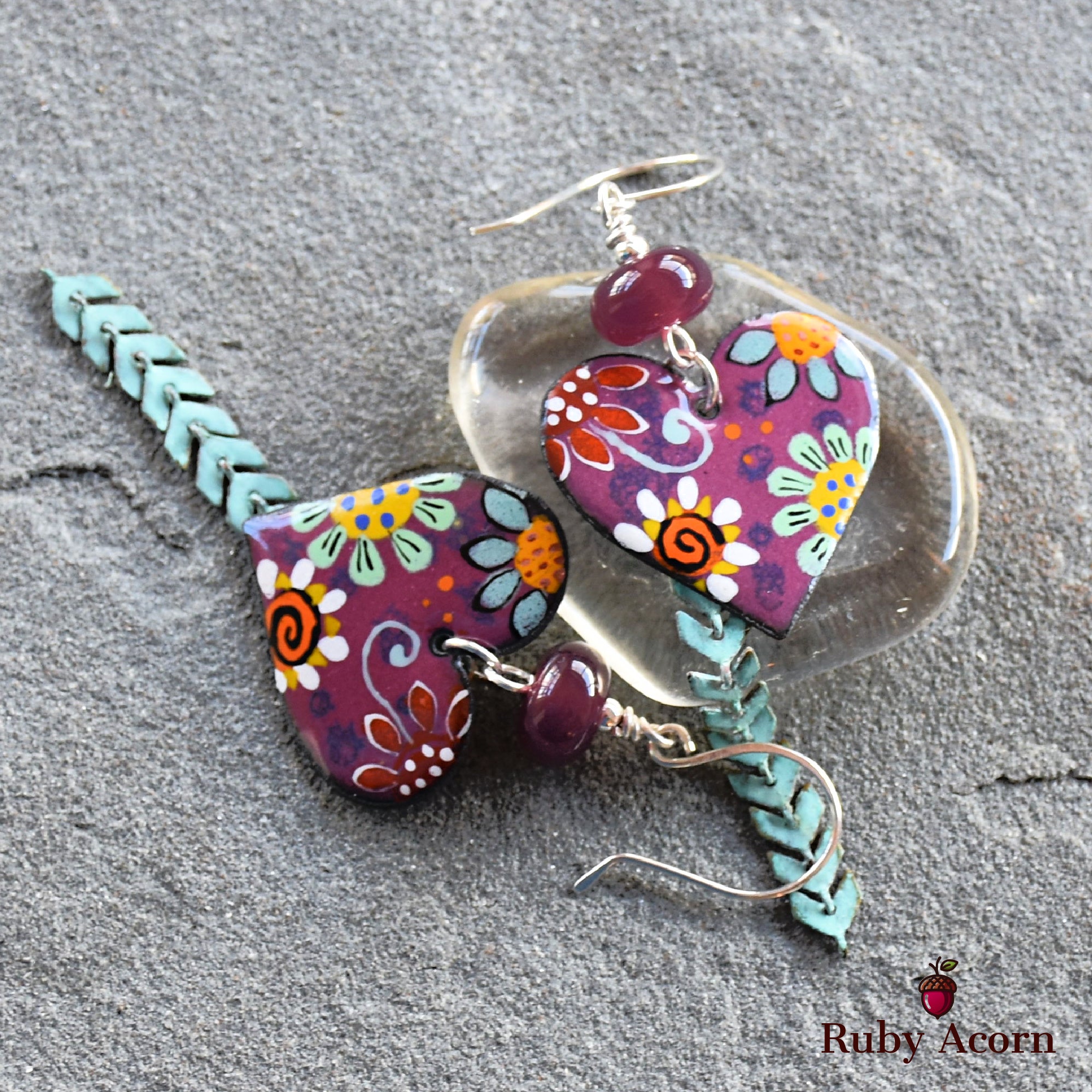 Flower Power Handmade Dangle Earrings, Artisan Lampwork Purple Glass, Artisan Enameled Charms, Sterling Silver Ear Wires