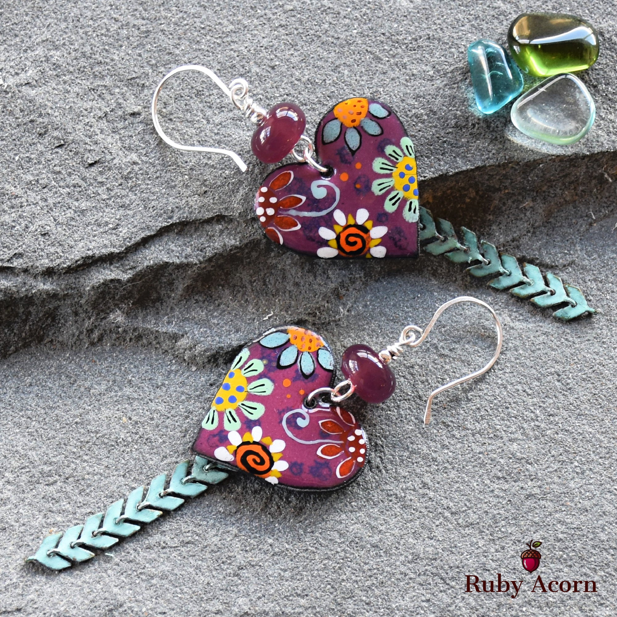 Flower Power Handmade Dangle Earrings, Artisan Lampwork Purple Glass, Artisan Enameled Charms, Sterling Silver Ear Wires