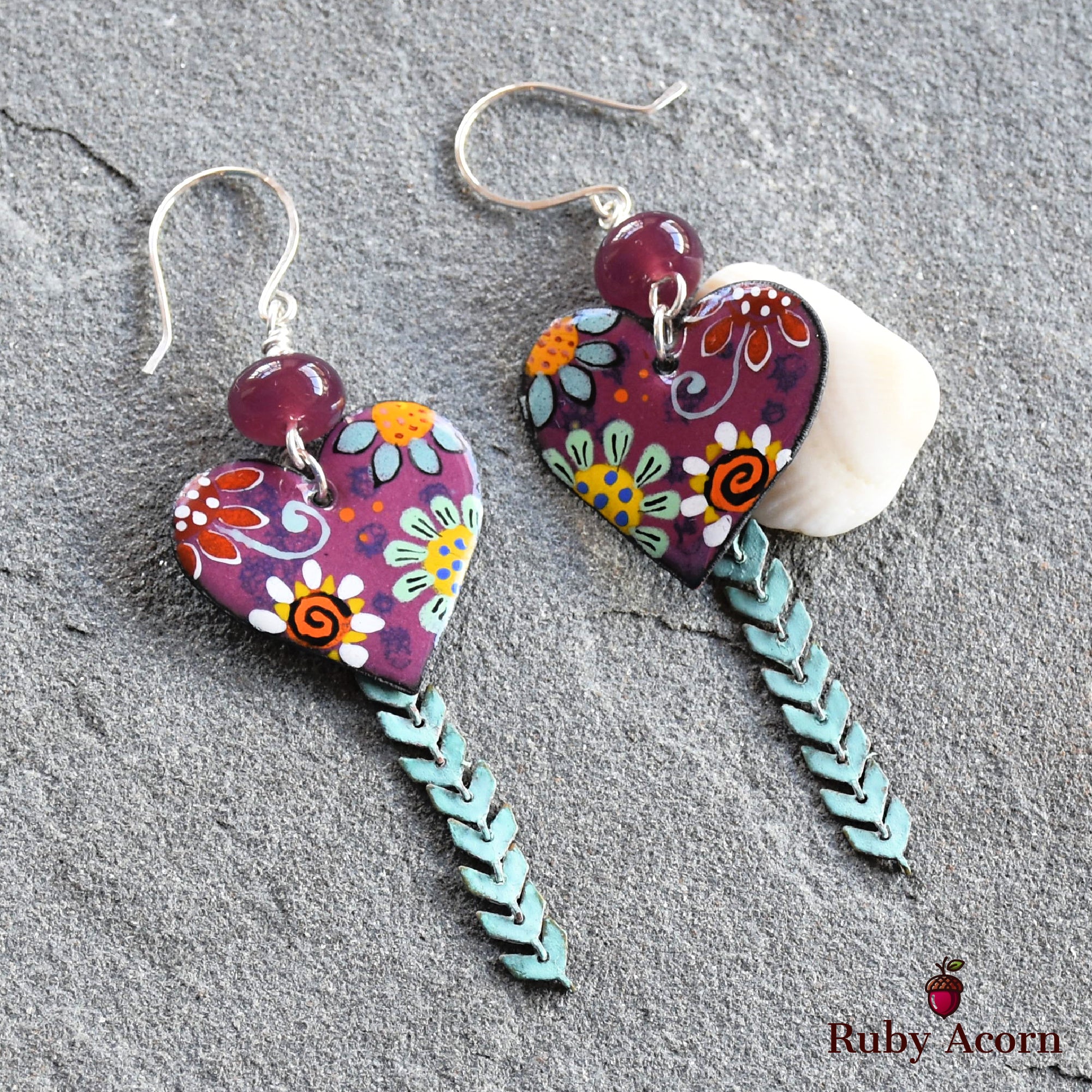 Flower Power Handmade Dangle Earrings, Artisan Lampwork Purple Glass, Artisan Enameled Charms, Sterling Silver Ear Wires