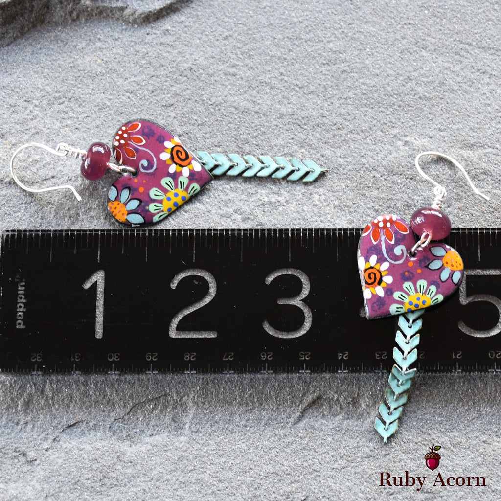 Flower Power Handmade Dangle Earrings, Artisan Lampwork Purple Glass, Artisan Enameled Charms, Sterling Silver Ear Wires