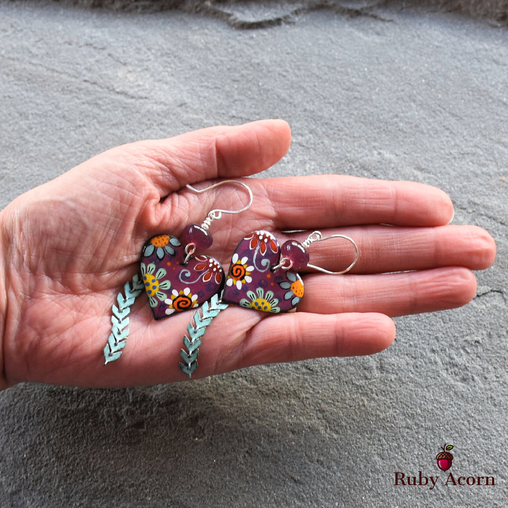 Flower Power Handmade Dangle Earrings, Artisan Lampwork Purple Glass, Artisan Enameled Charms, Sterling Silver Ear Wires