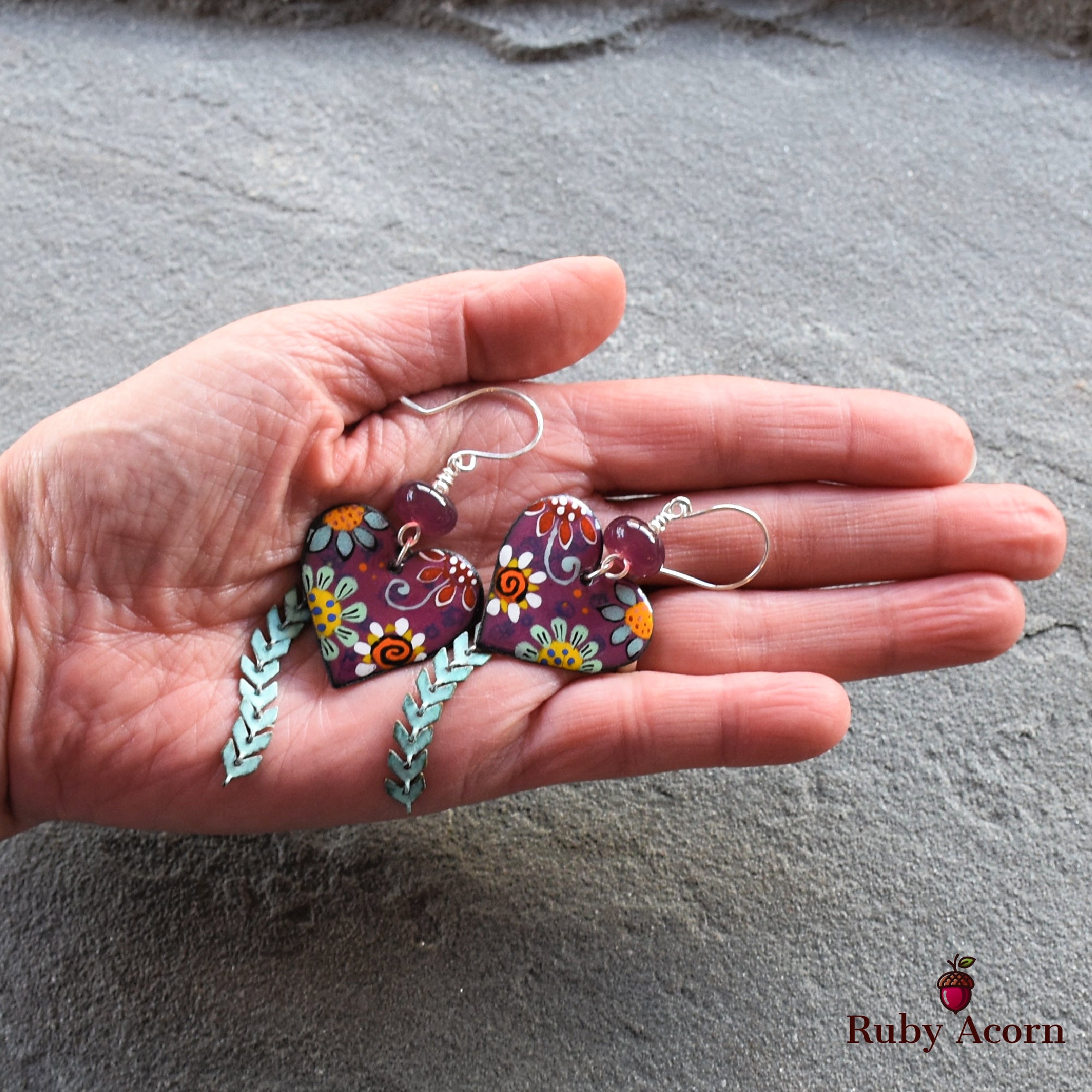 Flower Power Handmade Dangle Earrings, Artisan Lampwork Purple Glass, Artisan Enameled Charms, Sterling Silver Ear Wires