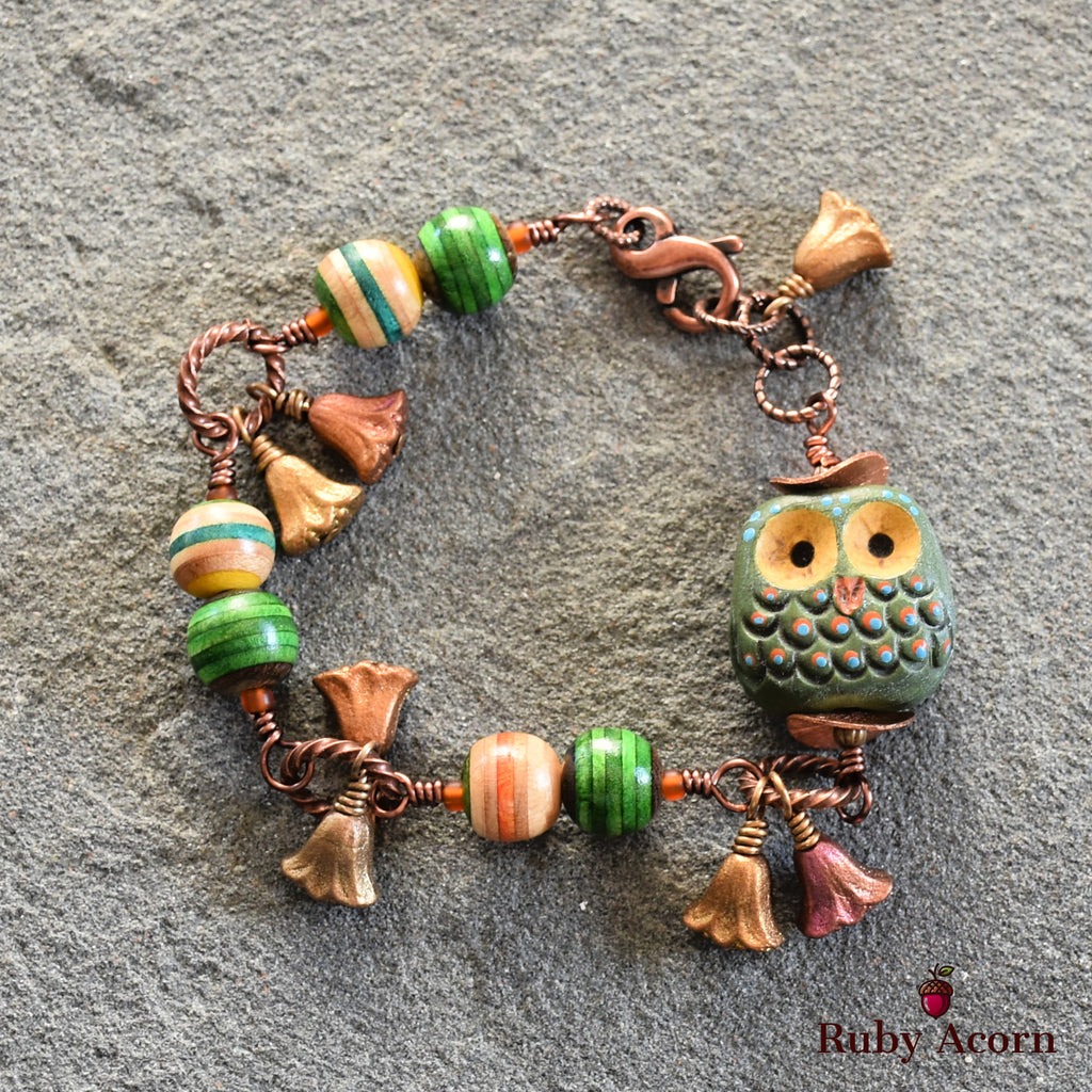 Forest Friend Handmade Bracelet with Polymer Clay Artisan Owl, Recycled Skateboard Beads and Czech Glass