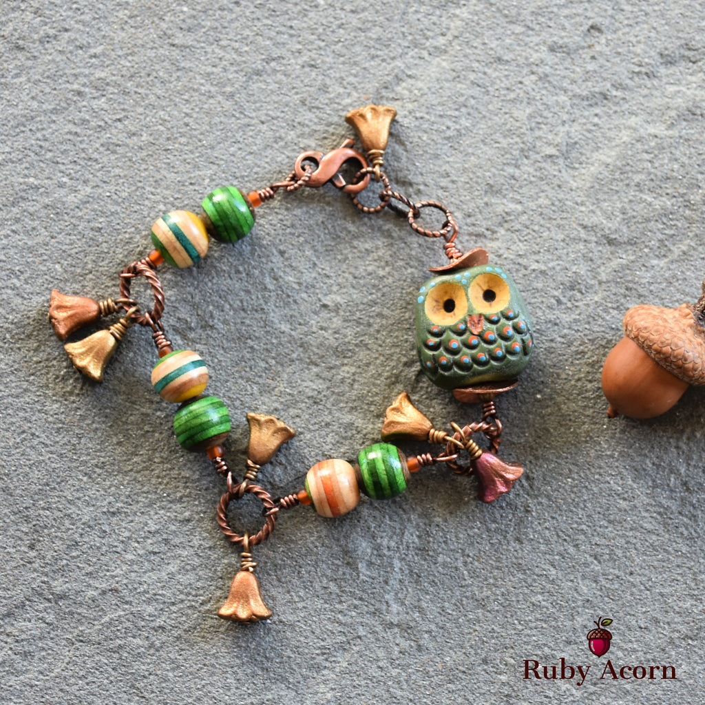 Forest Friend Handmade Bracelet with Polymer Clay Artisan Owl, Recycled Skateboard Beads and Czech Glass