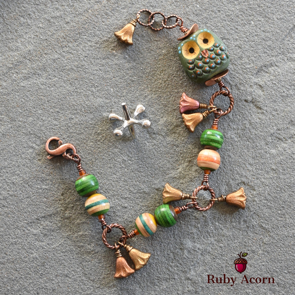 Forest Friend Handmade Bracelet with Polymer Clay Artisan Owl, Recycled Skateboard Beads and Czech Glass