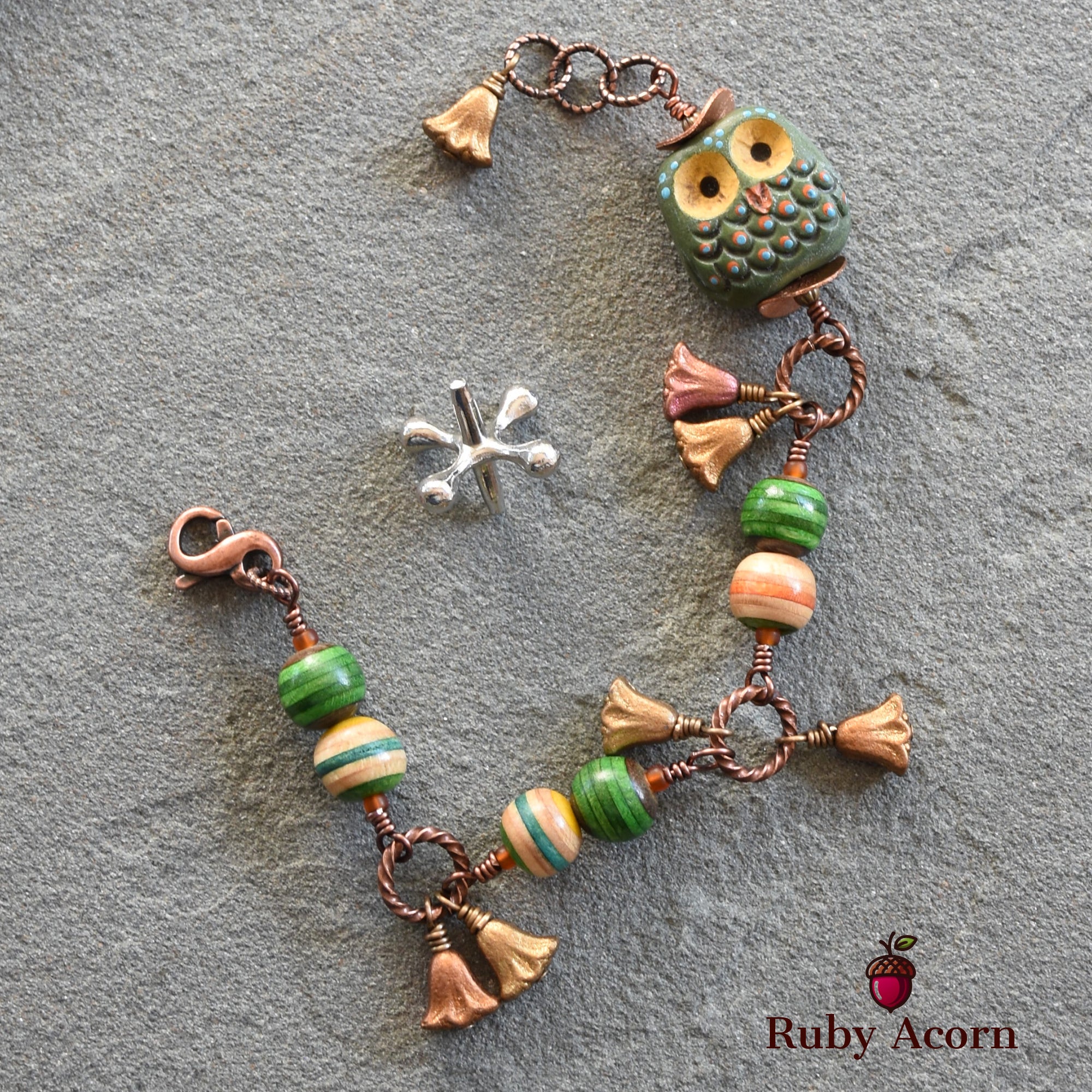 Forest Friend Handmade Bracelet with Polymer Clay Artisan Owl, Recycled Skateboard Beads and Czech Glass