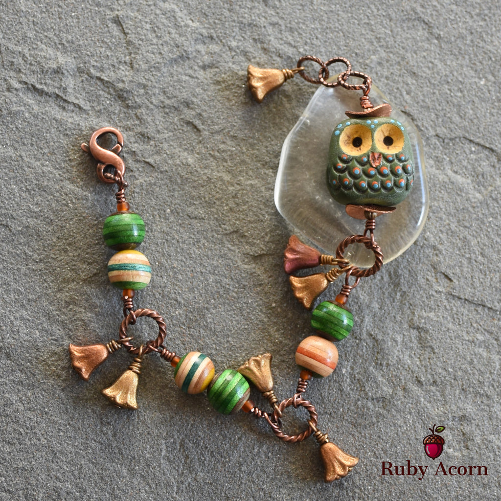 Forest Friend Handmade Bracelet with Polymer Clay Artisan Owl, Recycled Skateboard Beads and Czech Glass