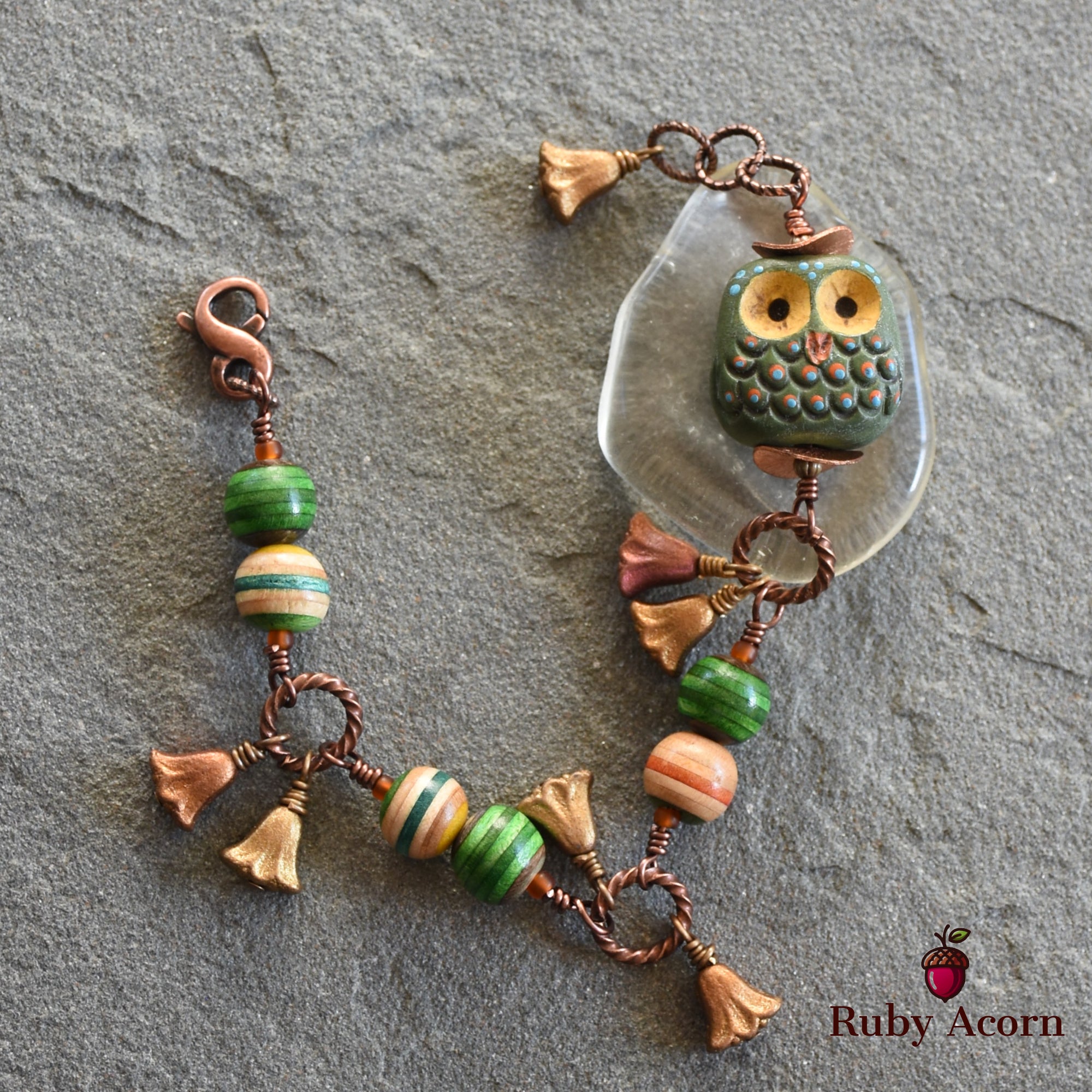 Forest Friend Handmade Bracelet with Polymer Clay Artisan Owl, Recycled Skateboard Beads and Czech Glass