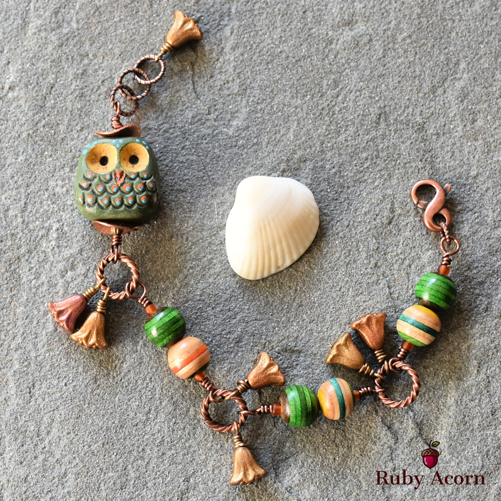 Forest Friend Handmade Bracelet with Polymer Clay Artisan Owl, Recycled Skateboard Beads and Czech Glass