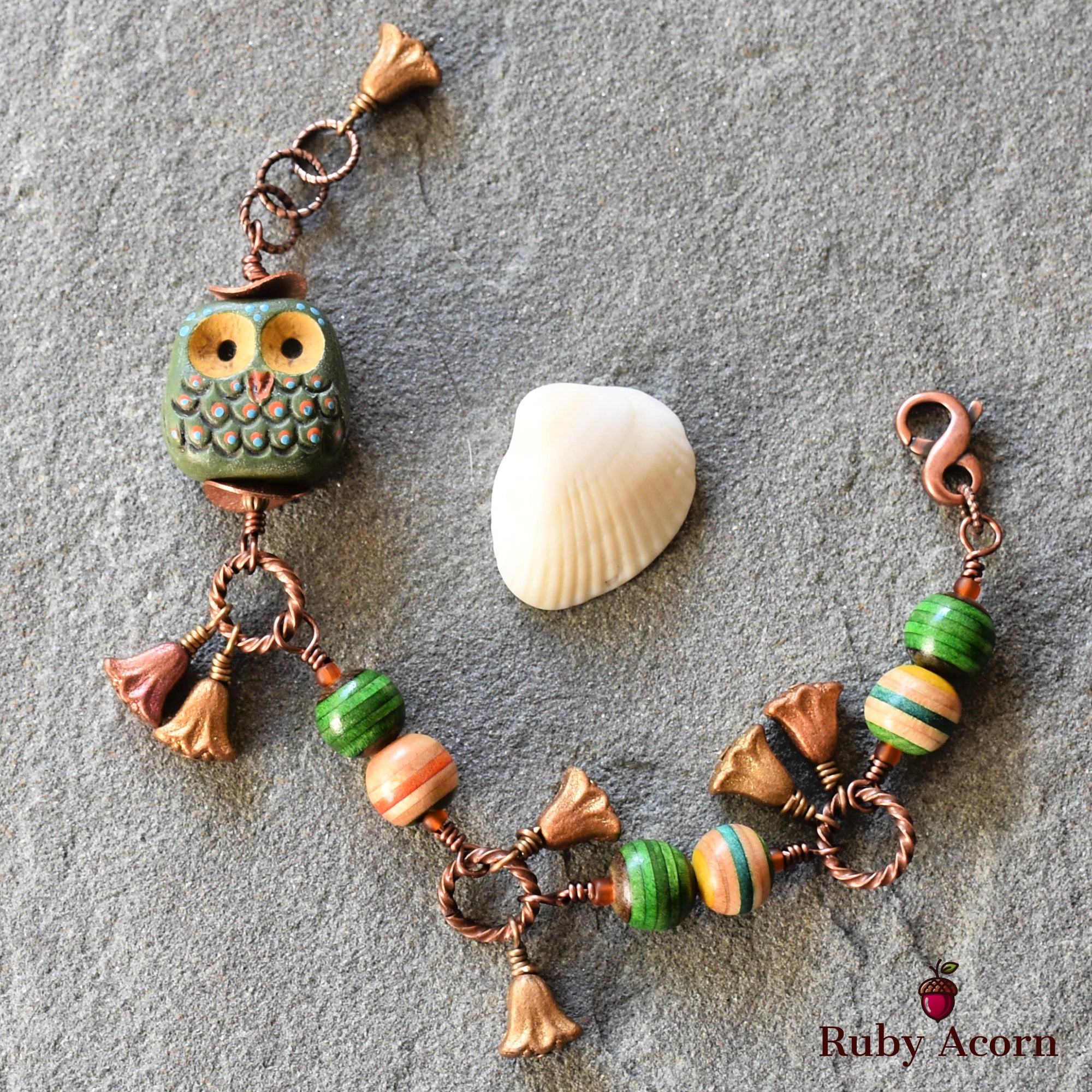 Forest Friend Handmade Bracelet with Polymer Clay Artisan Owl, Recycled Skateboard Beads and Czech Glass