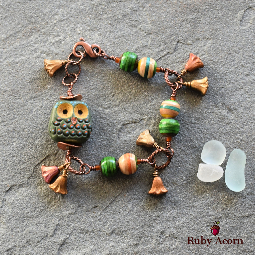 Forest Friend Handmade Bracelet with Polymer Clay Artisan Owl, Recycled Skateboard Beads and Czech Glass
