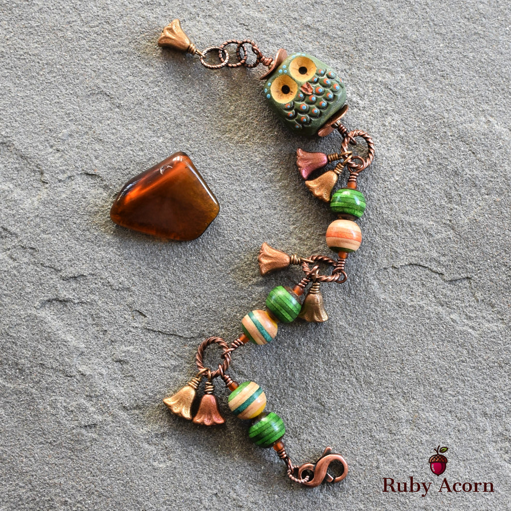 Forest Friend Handmade Bracelet with Polymer Clay Artisan Owl, Recycled Skateboard Beads and Czech Glass