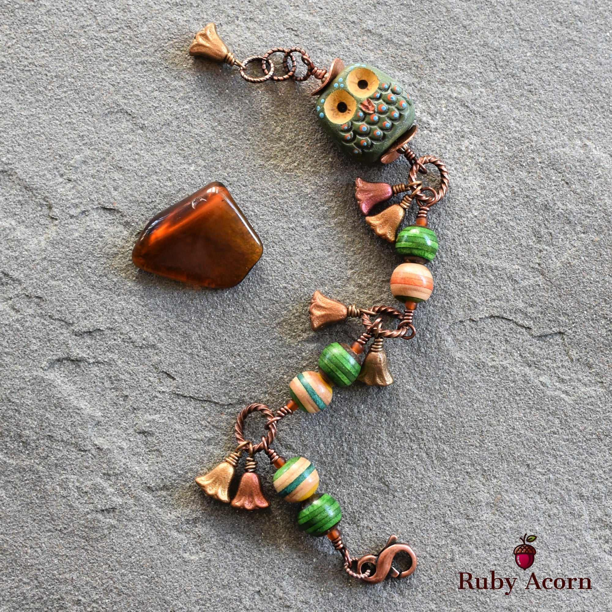 Forest Friend Handmade Bracelet with Polymer Clay Artisan Owl, Recycled Skateboard Beads and Czech Glass
