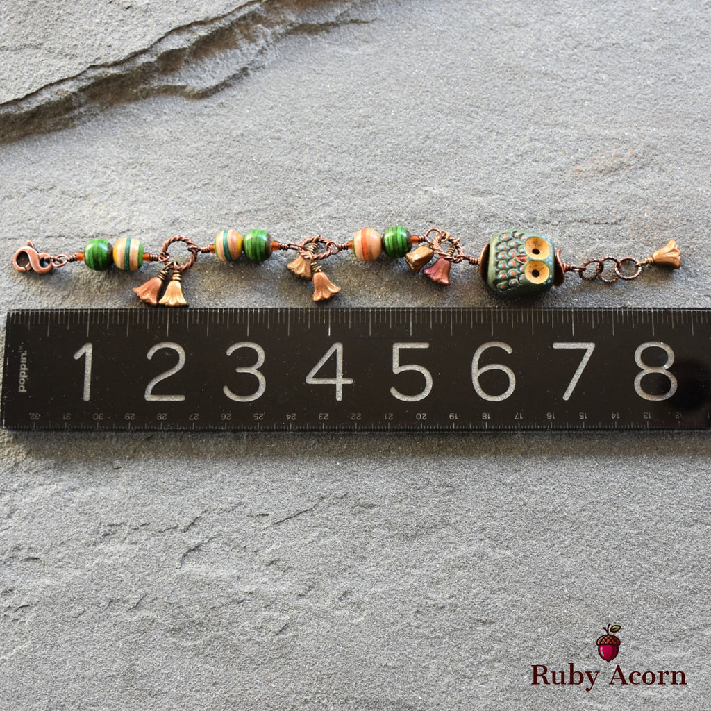 Forest Friend Handmade Bracelet with Polymer Clay Artisan Owl, Recycled Skateboard Beads and Czech Glass