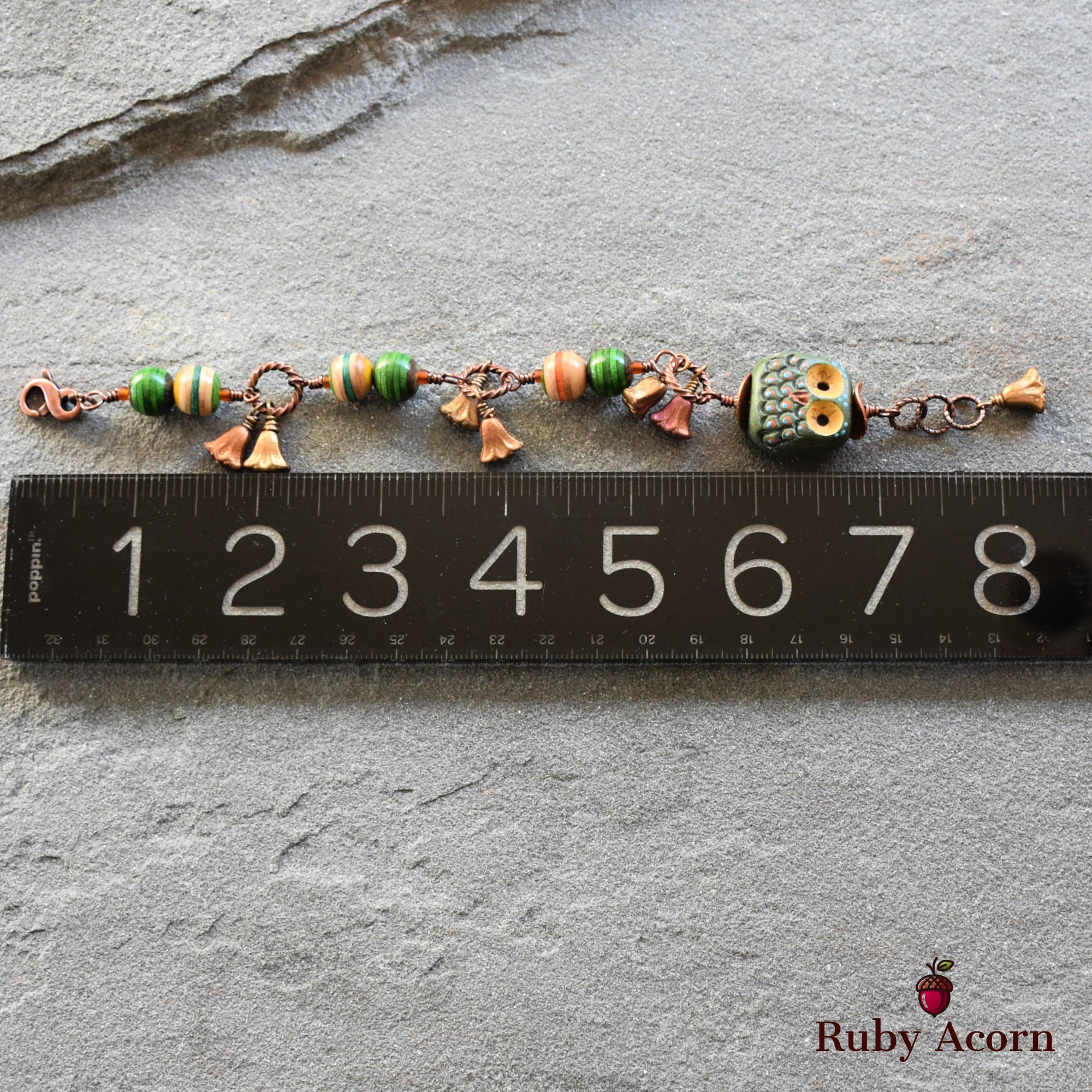 Forest Friend Handmade Bracelet with Polymer Clay Artisan Owl, Recycled Skateboard Beads and Czech Glass