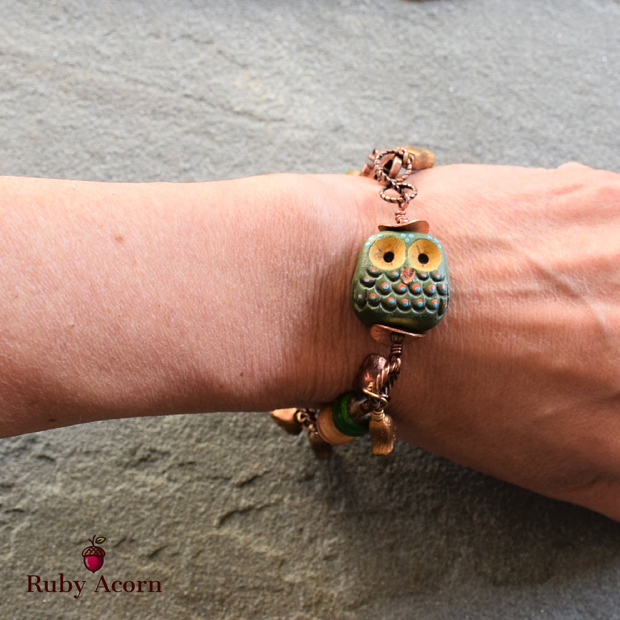 Forest Friend Handmade Bracelet with Polymer Clay Artisan Owl, Recycled Skateboard Beads and Czech Glass