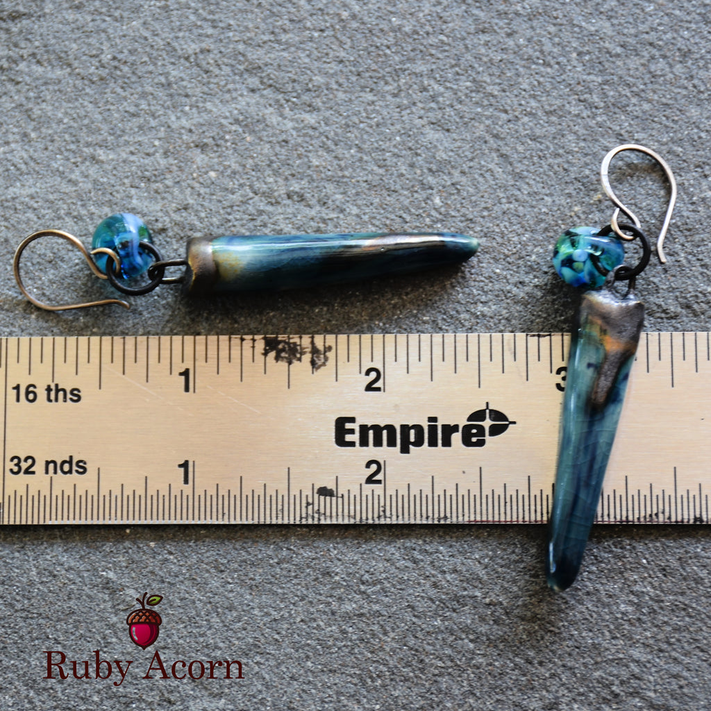 Drops of Ocean Blue Handmade Dangle Earrings, Artisan Porcelain Daggers, Lampwork Teardrops, Antique Sterling Silver Earwires