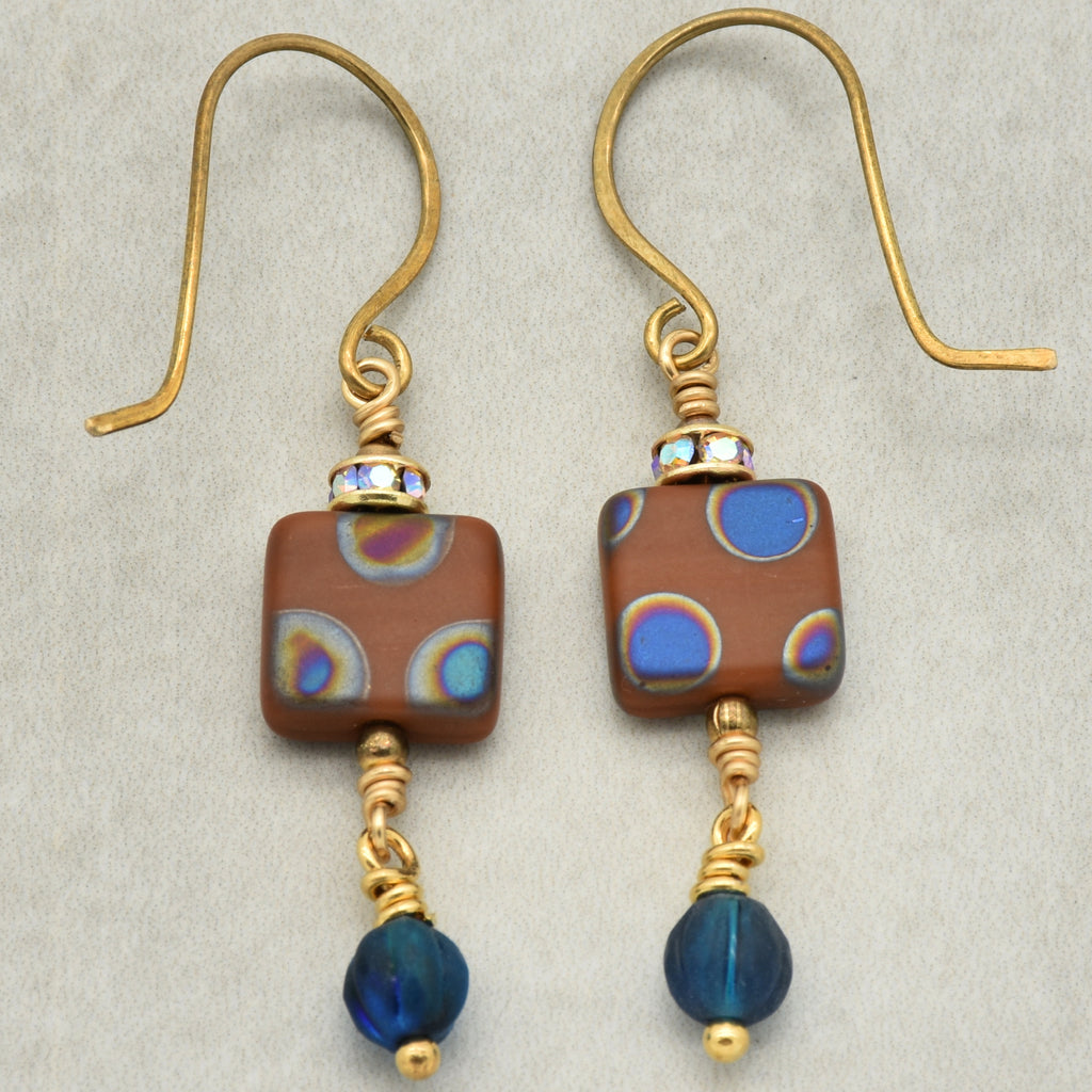 Beautiful Lightweight Geometric Handmade Earrings, Czech Glass, Brass Ear Wires, Rhinestone Gold Plated Rondelles