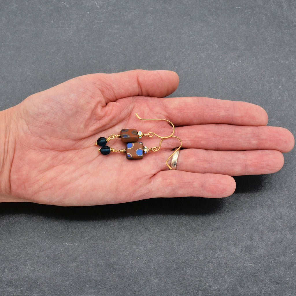 Beautiful Lightweight Geometric Handmade Earrings, Czech Glass, Brass Ear Wires, Rhinestone Gold Plated Rondelles