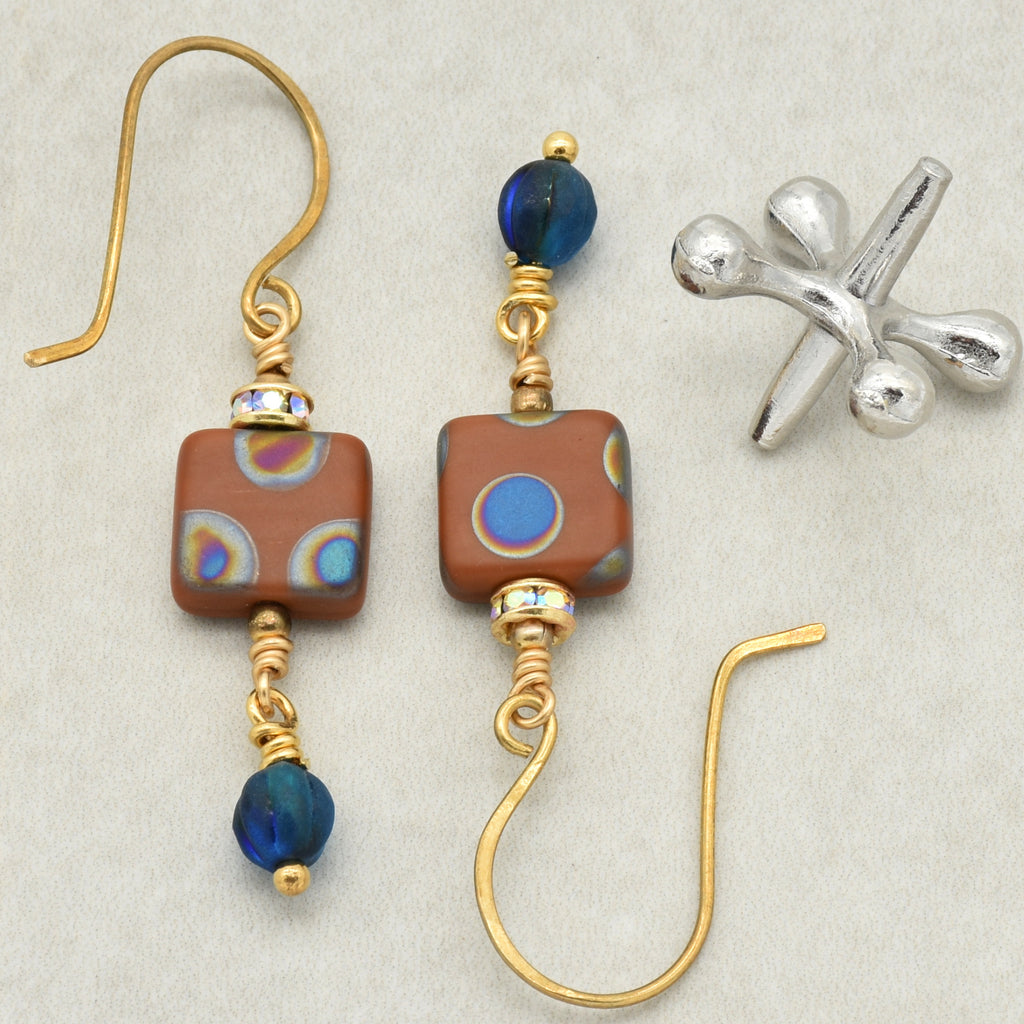 Beautiful Lightweight Geometric Handmade Earrings, Czech Glass, Brass Ear Wires, Rhinestone Gold Plated Rondelles