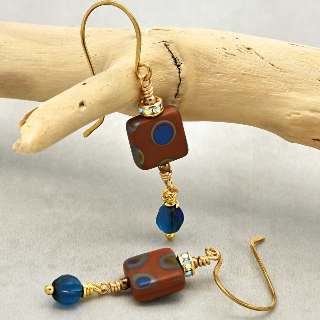 Beautiful Lightweight Geometric Handmade Earrings, Czech Glass, Brass Ear Wires, Rhinestone Gold Plated Rondelles