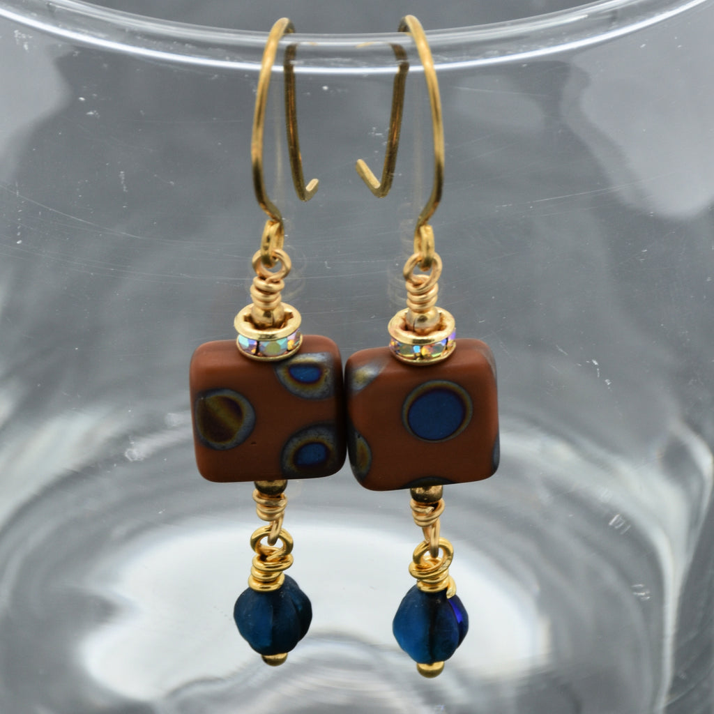 Beautiful Lightweight Geometric Handmade Earrings, Czech Glass, Brass Ear Wires, Rhinestone Gold Plated Rondelles