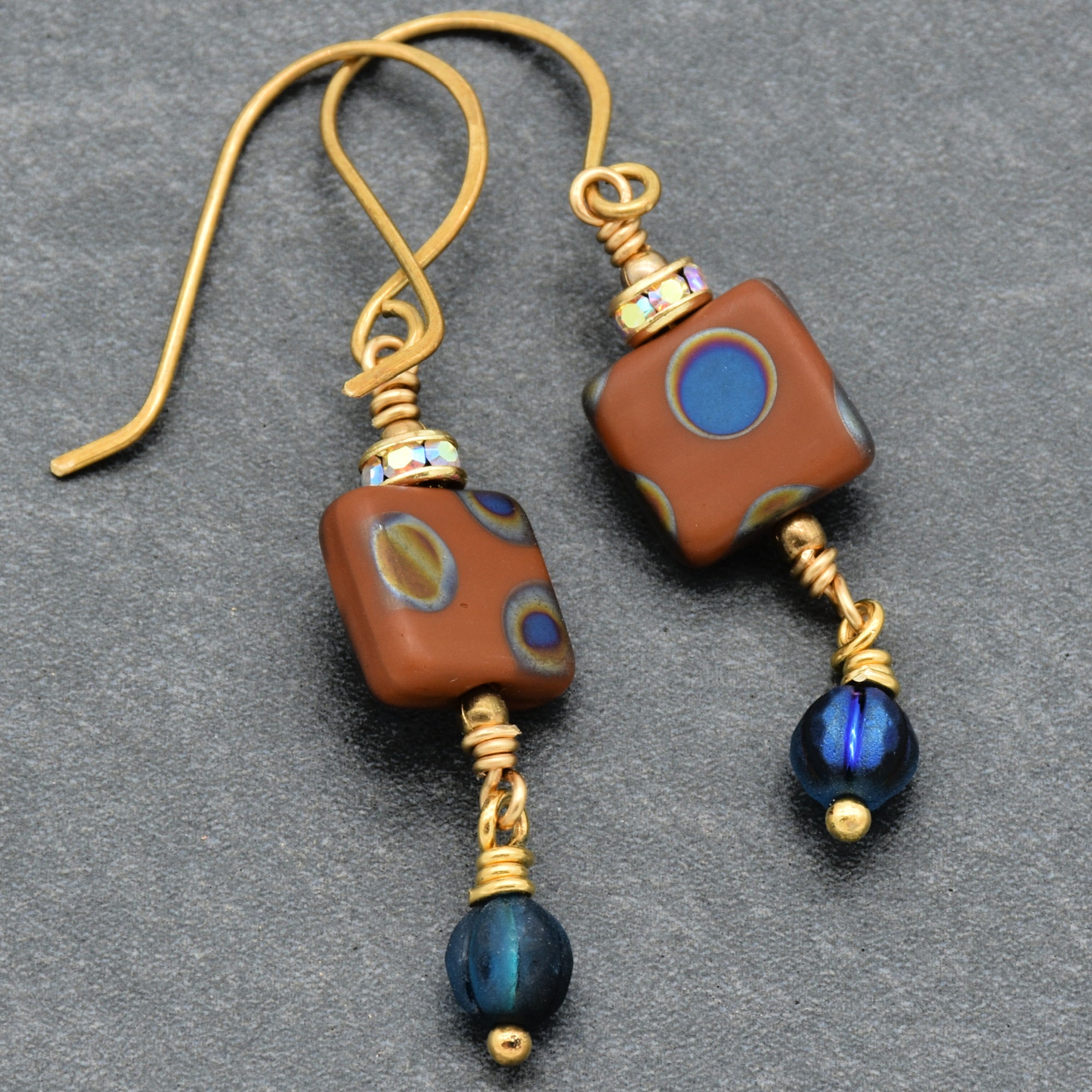 Beautiful Lightweight Geometric Handmade Earrings, Czech Glass, Brass Ear Wires, Rhinestone Gold Plated Rondelles
