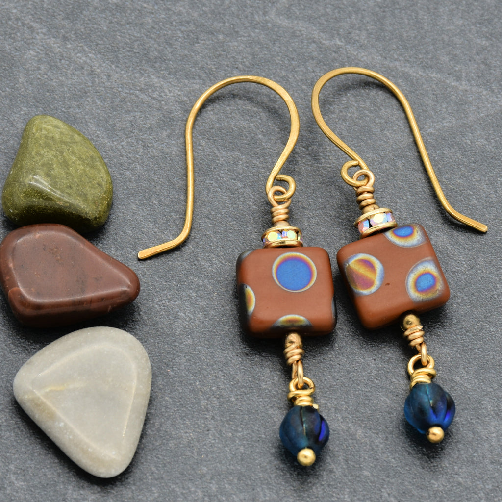 Beautiful Lightweight Geometric Handmade Earrings, Czech Glass, Brass Ear Wires, Rhinestone Gold Plated Rondelles