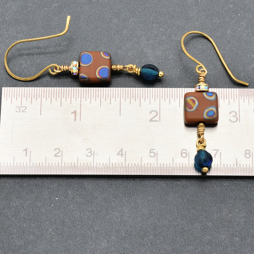 Beautiful Lightweight Geometric Handmade Earrings, Czech Glass, Brass Ear Wires, Rhinestone Gold Plated Rondelles