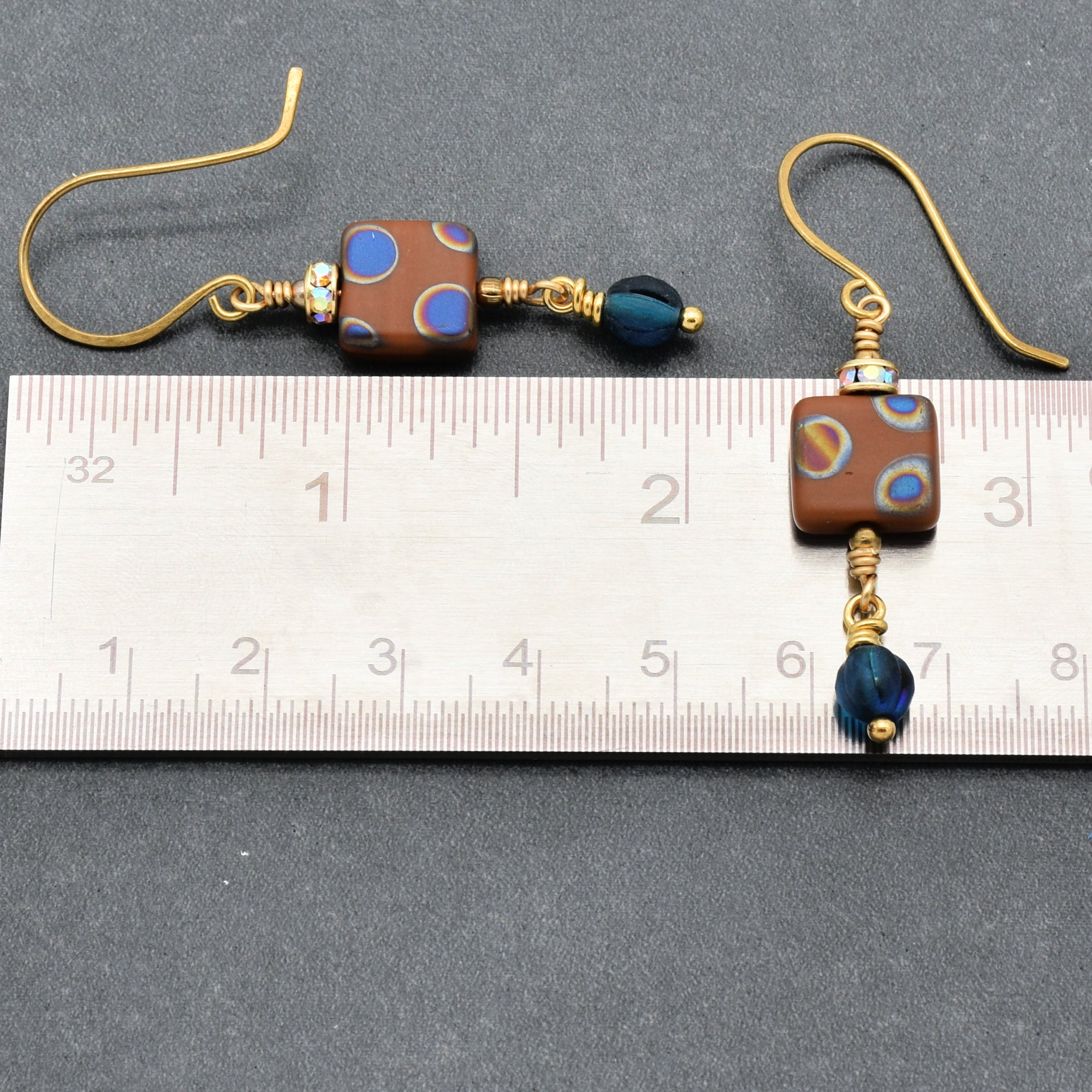 Beautiful Lightweight Geometric Handmade Earrings, Czech Glass, Brass Ear Wires, Rhinestone Gold Plated Rondelles