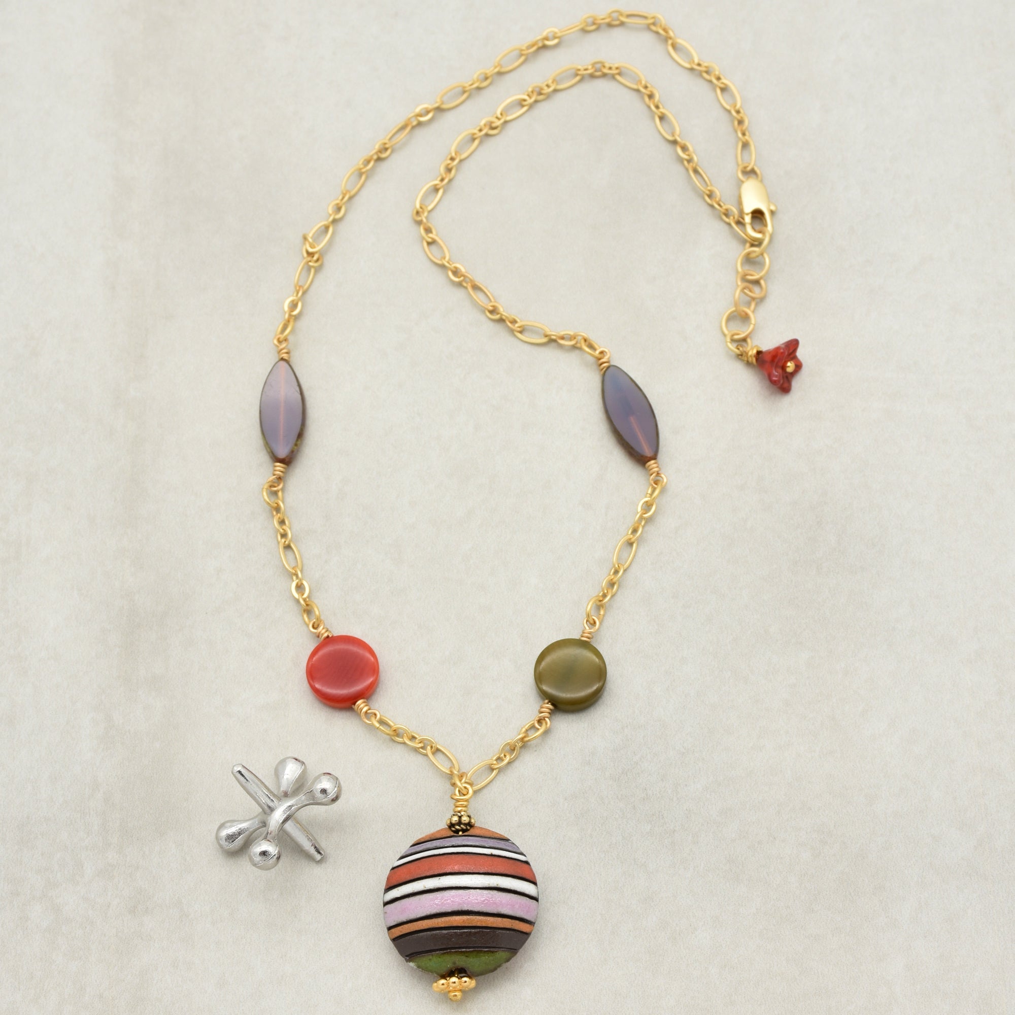 Lovely Earth Tone Geometric Shapes Handmade Necklace with Artisan Ceramic, Tagua Nuts, Czech Glass and Gold Plated Chain