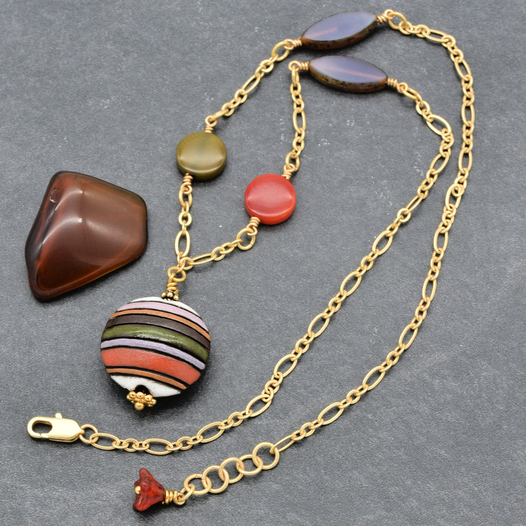 Lovely Earth Tone Geometric Shapes Handmade Necklace with Artisan Ceramic, Tagua Nuts, Czech Glass and Gold Plated Chain