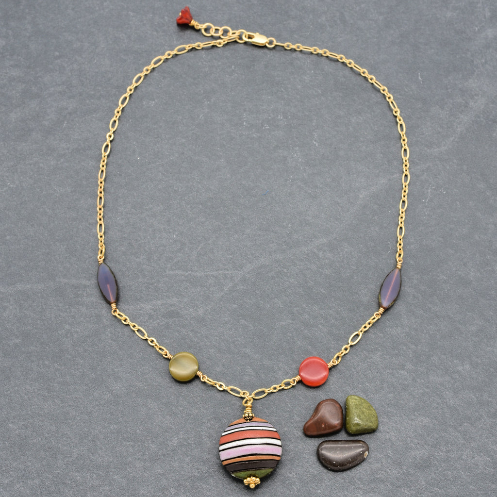 Lovely Earth Tone Geometric Shapes Handmade Necklace with Artisan Ceramic, Tagua Nuts, Czech Glass and Gold Plated Chain