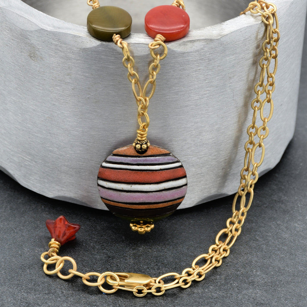 Lovely Earth Tone Geometric Shapes Handmade Necklace with Artisan Ceramic, Tagua Nuts, Czech Glass and Gold Plated Chain