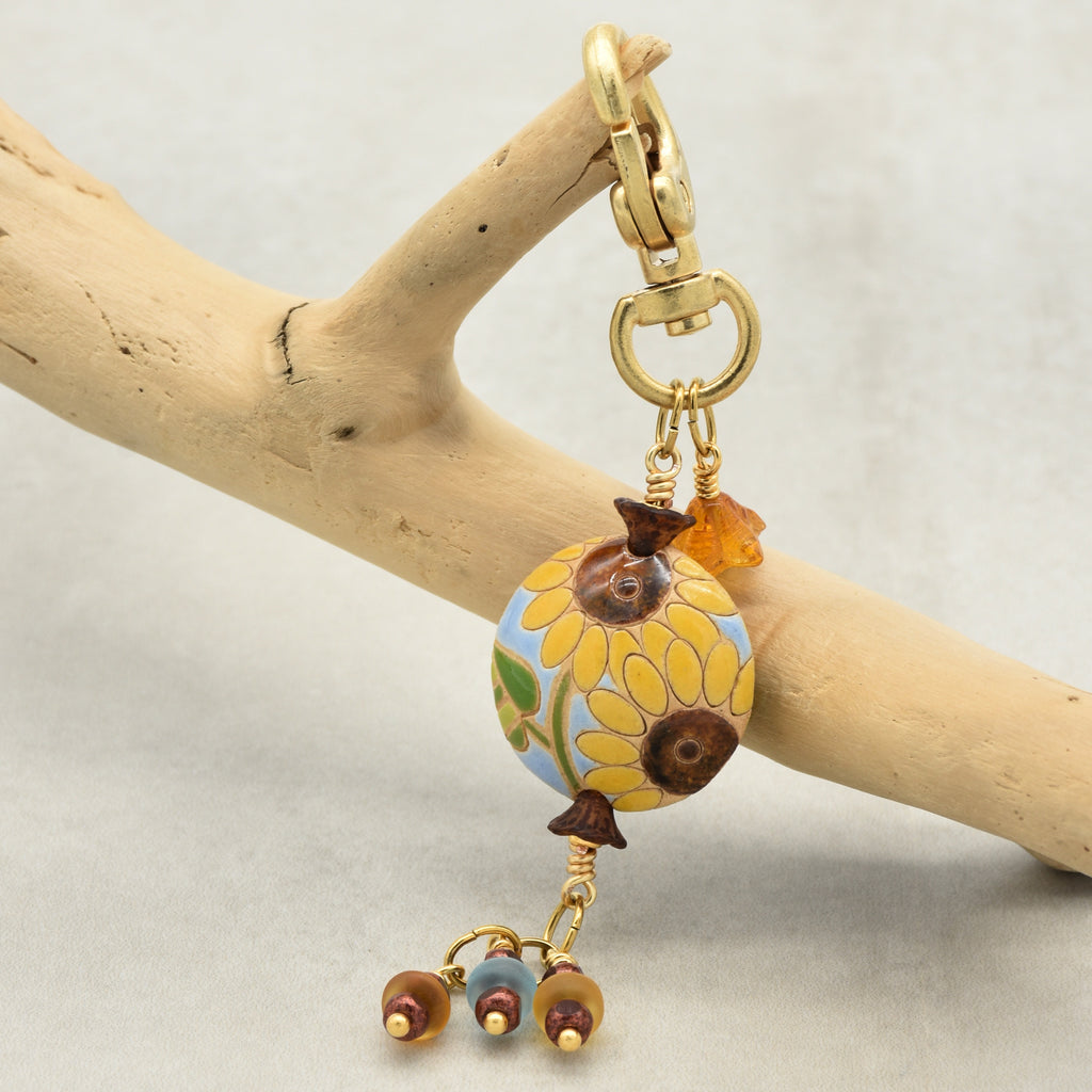 Colorful sunflower handbag charm with gold swivel lobster clasp on a branch - handmade with love by Ruby Acorn