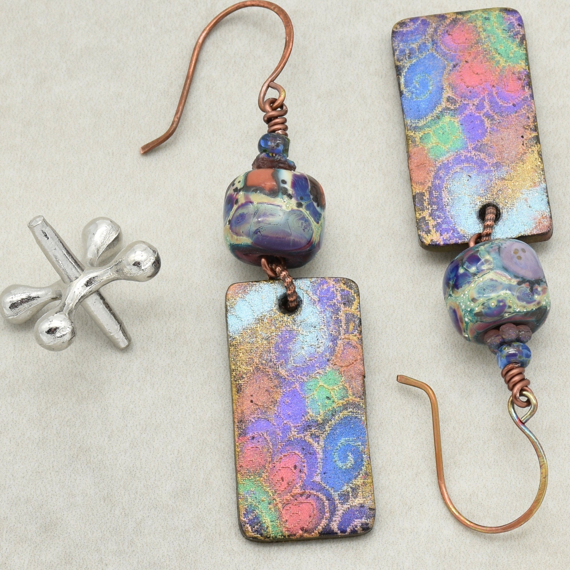 Groovy Handmade Earrings - Artisan Lampwork Glass, Artisan Polymer Clay Retro Charms