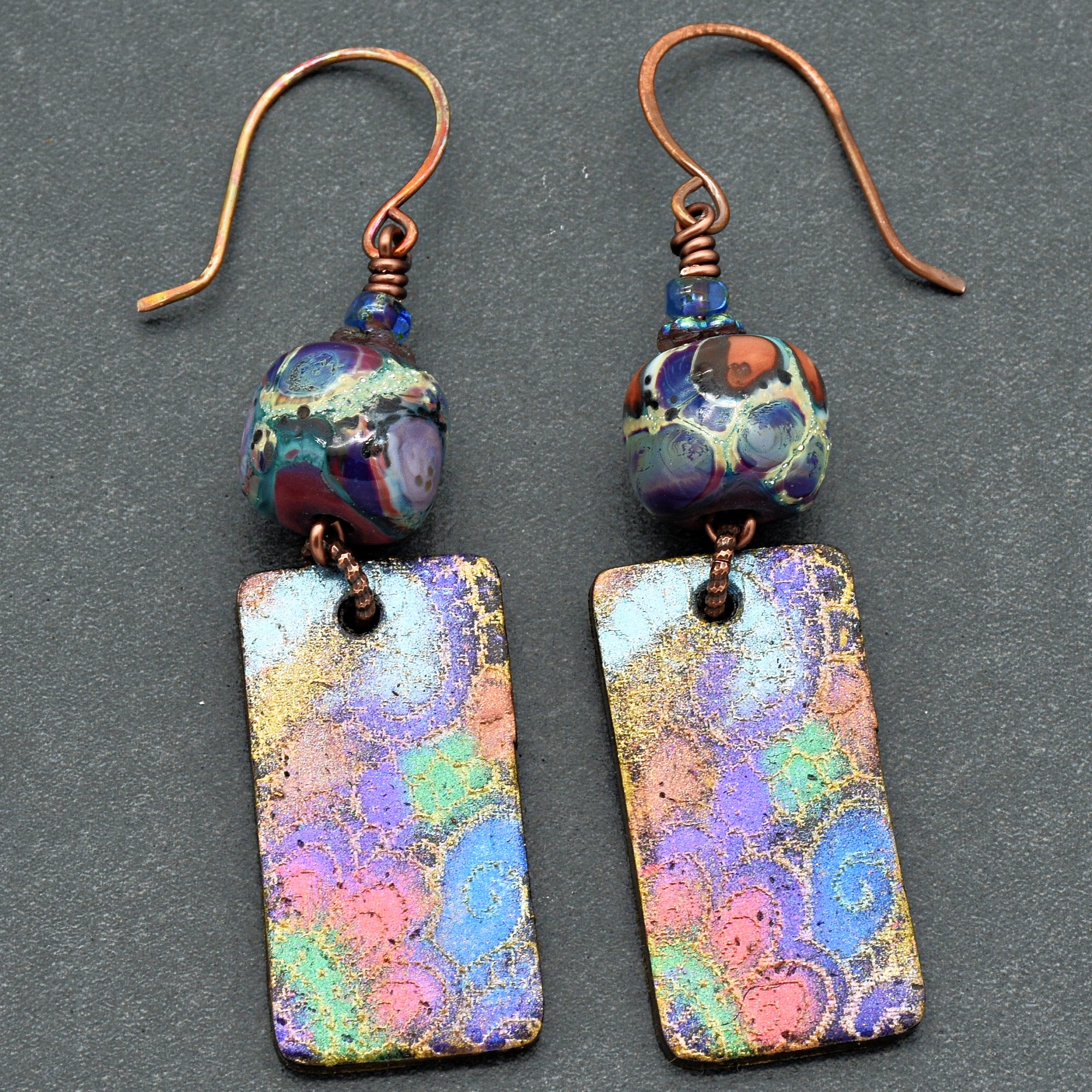 Groovy Handmade Earrings - Artisan Lampwork Glass, Artisan Polymer Clay Retro Charms