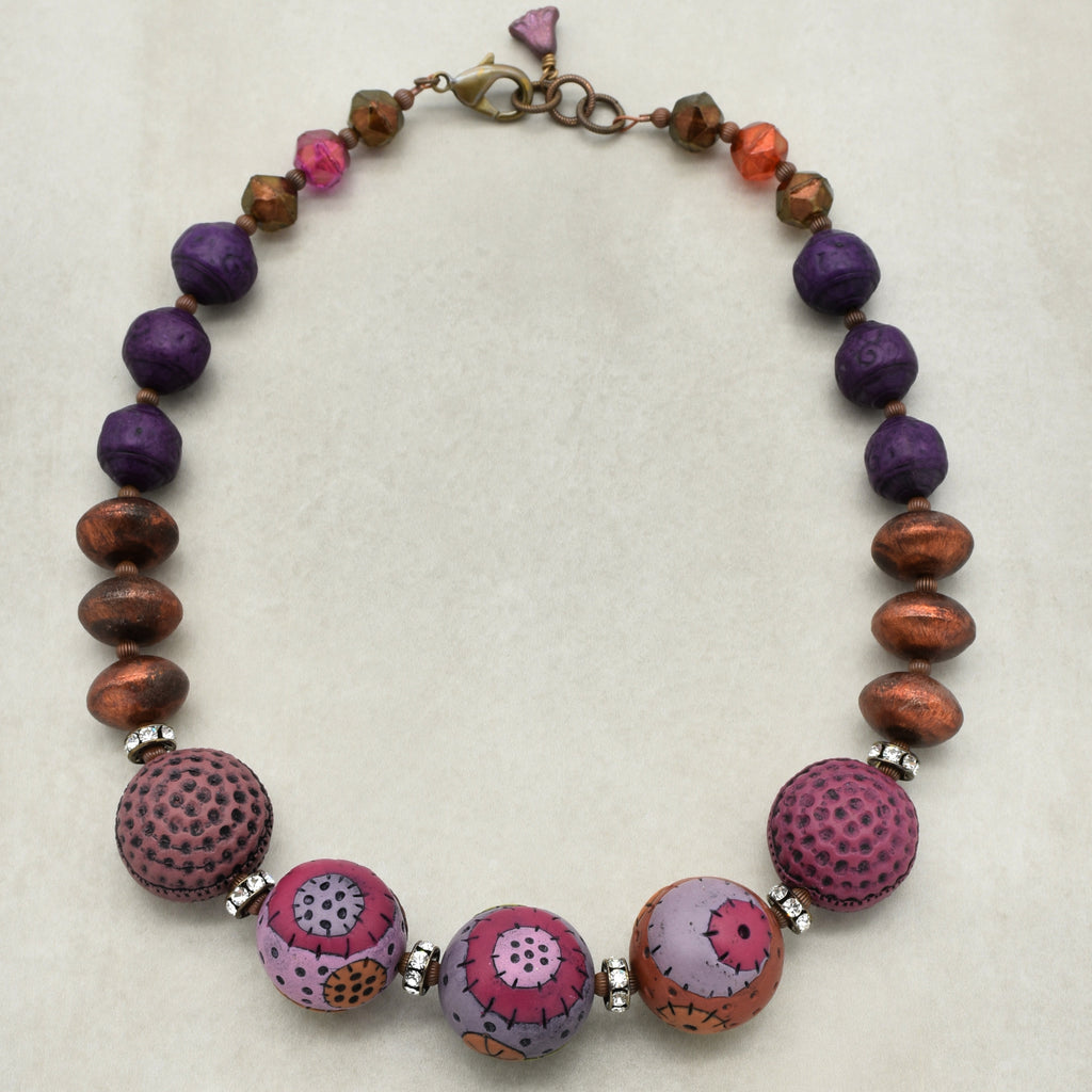 Groovy Retro Necklace - Handmade Artisan Polymer Clay, Brushed Copper, Lucite