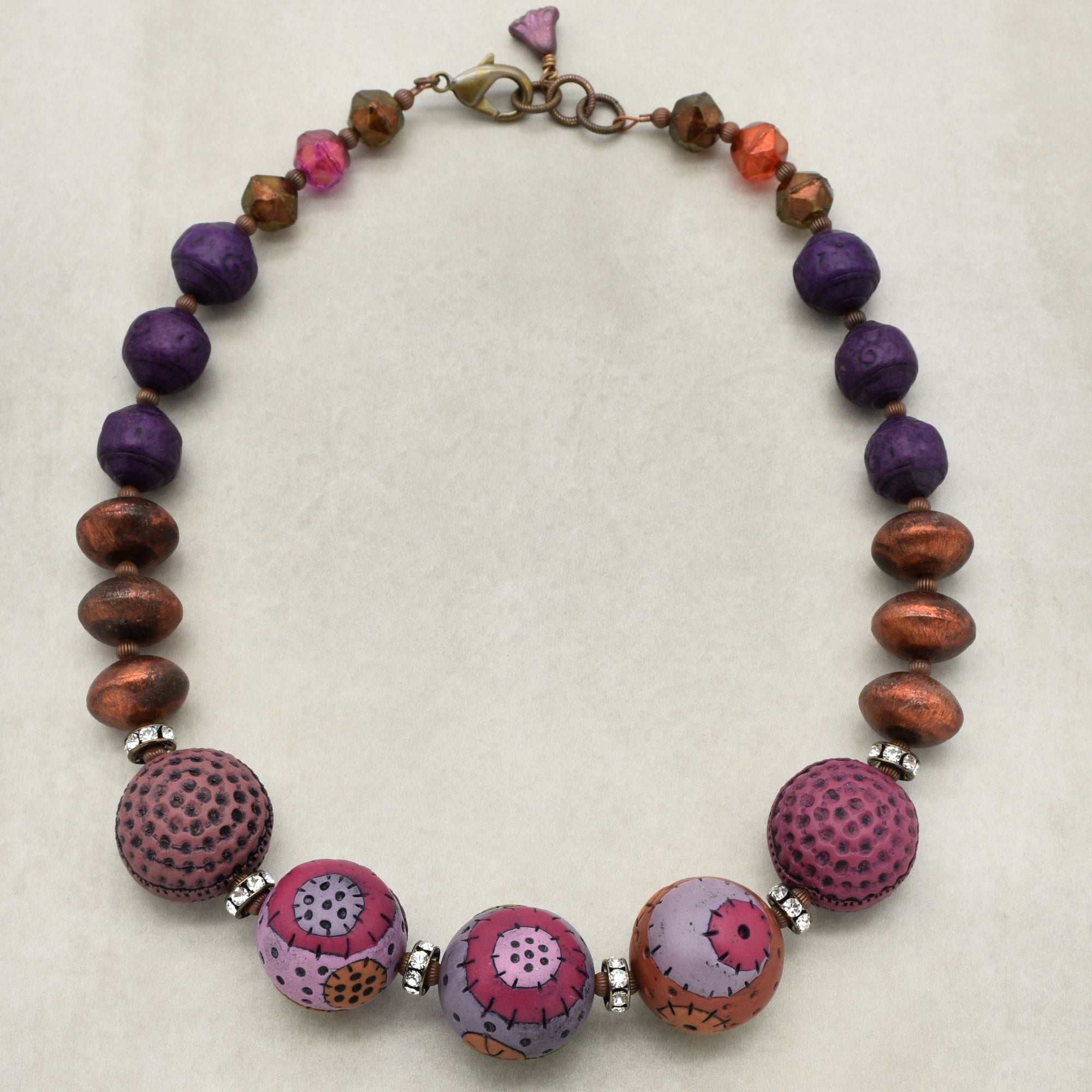 Groovy Retro Necklace - Handmade Artisan Polymer Clay, Brushed Copper, Lucite