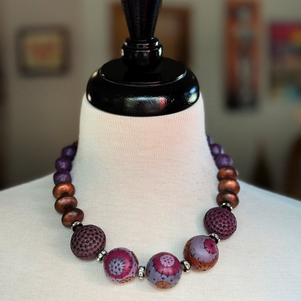 Groovy Retro Necklace - Handmade Artisan Polymer Clay, Brushed Copper, Lucite