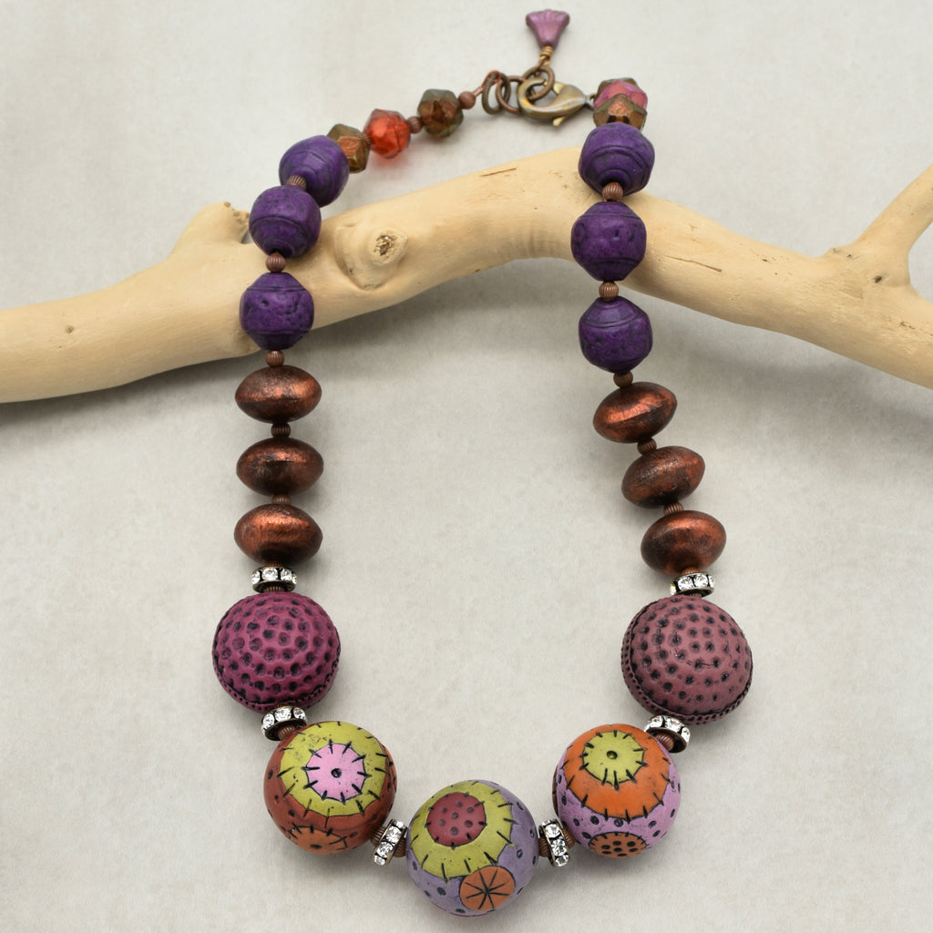 Groovy Retro Necklace - Handmade Artisan Polymer Clay, Brushed Copper, Lucite