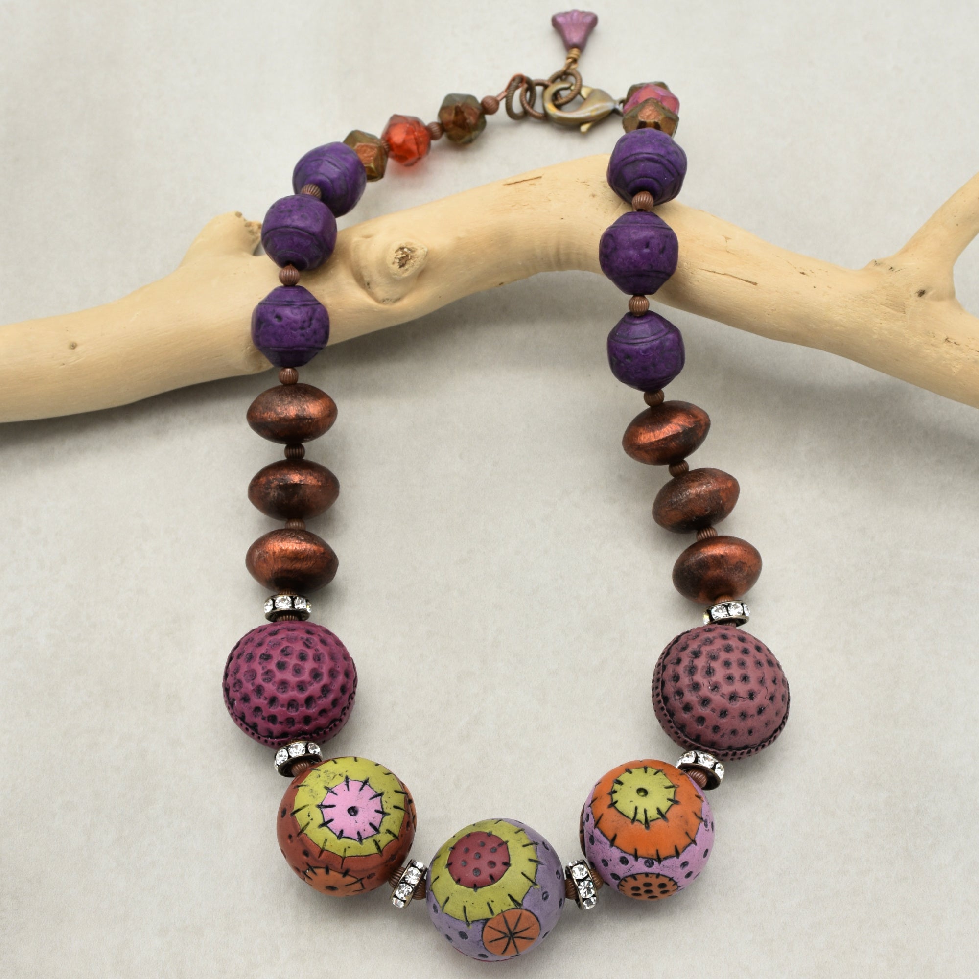 Groovy Retro Necklace - Handmade Artisan Polymer Clay, Brushed Copper, Lucite